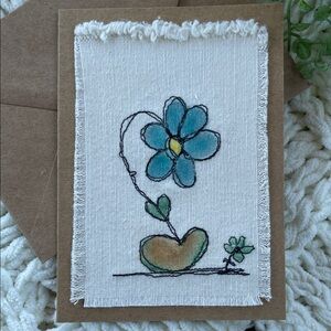 Handcrafted Fabric Stitched Greeting Card Floral Heart Hand Painted Blue